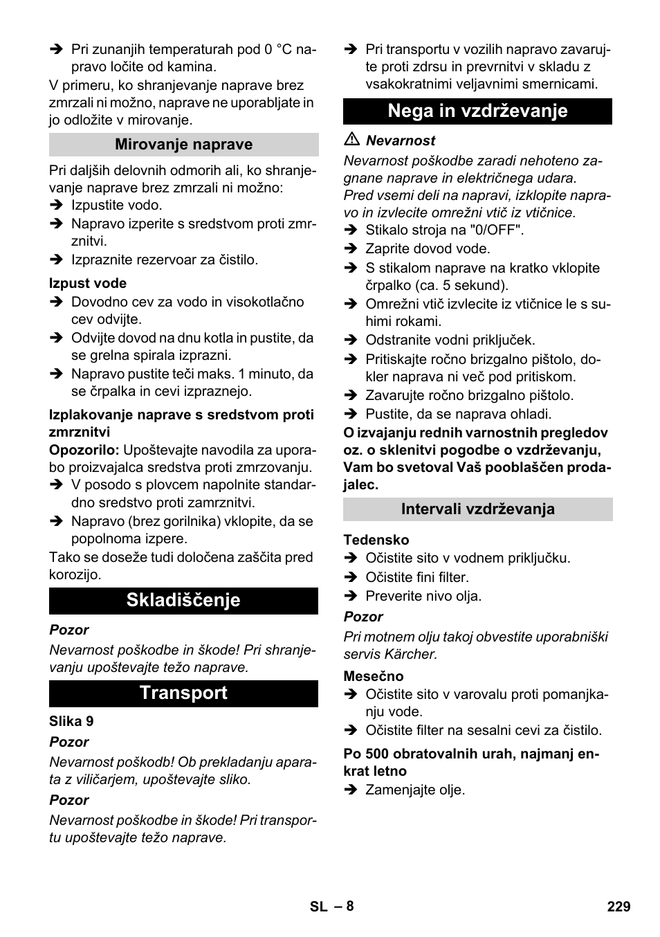 Skladiščenje transport nega in vzdrževanje | Karcher HDS 11-18 4 S Basic User Manual | Page 229 / 376