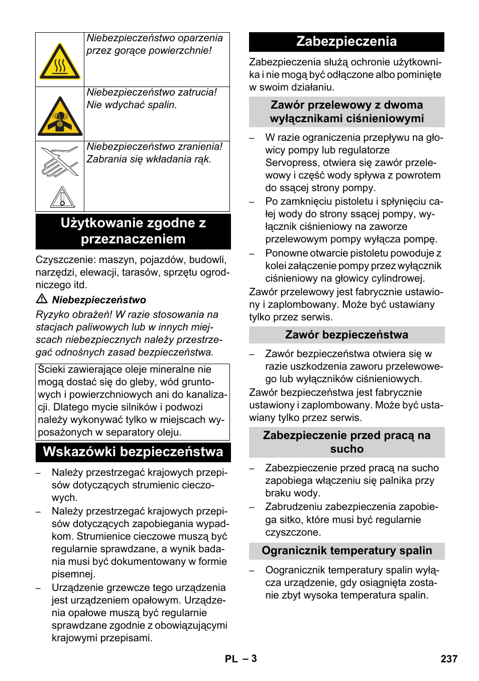 Użytkowanie zgodne z przeznaczeniem, Wskazówki bezpieczeństwa zabezpieczenia | Karcher HDS 11-18 4 S Basic User Manual | Page 237 / 376