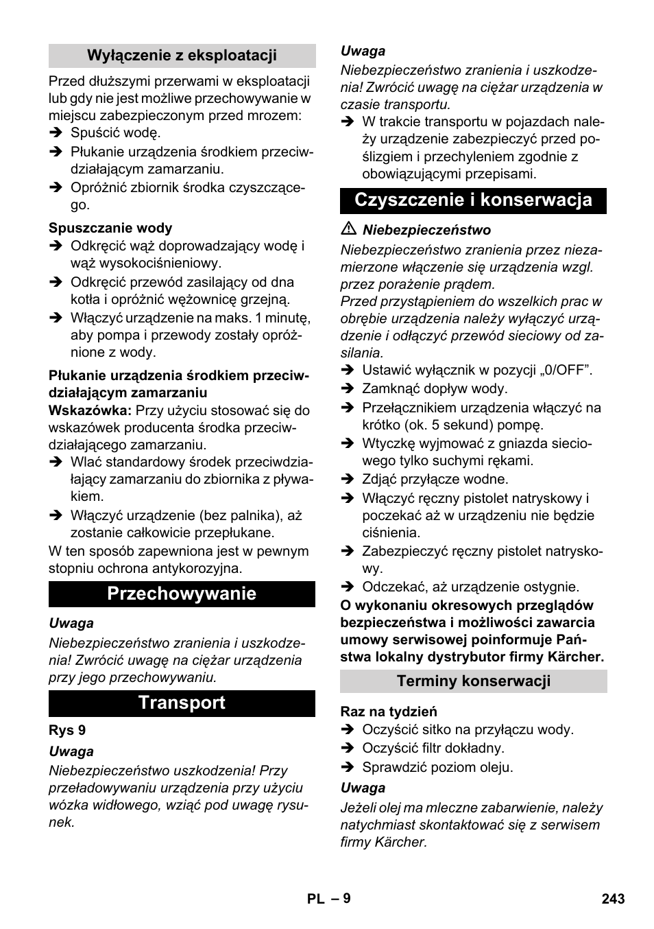 Przechowywanie transport czyszczenie i konserwacja | Karcher HDS 11-18 4 S Basic User Manual | Page 243 / 376