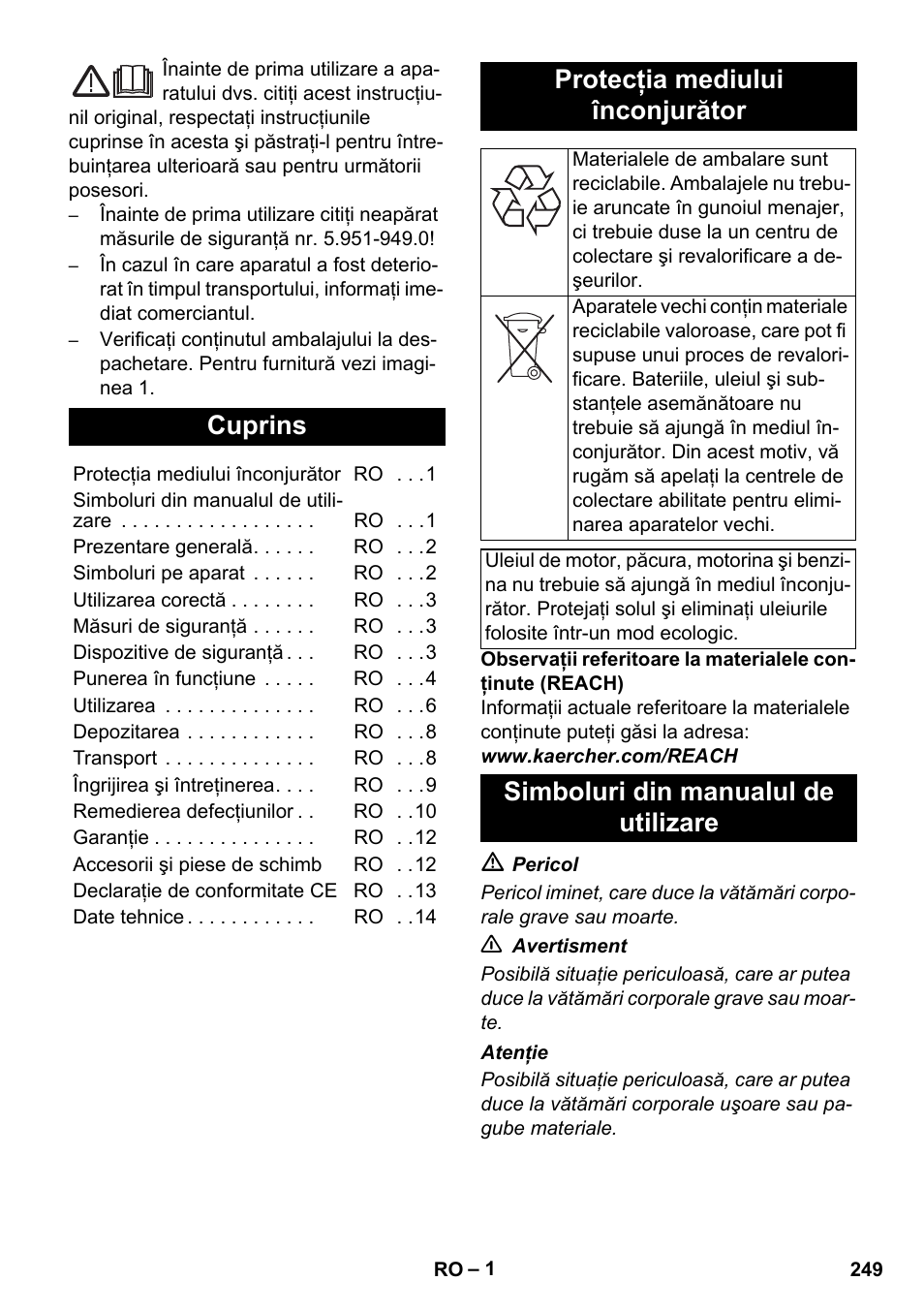 Româneşte, Cuprins, Protecţia mediului înconjurător | Simboluri din manualul de utilizare | Karcher HDS 11-18 4 S Basic User Manual | Page 249 / 376