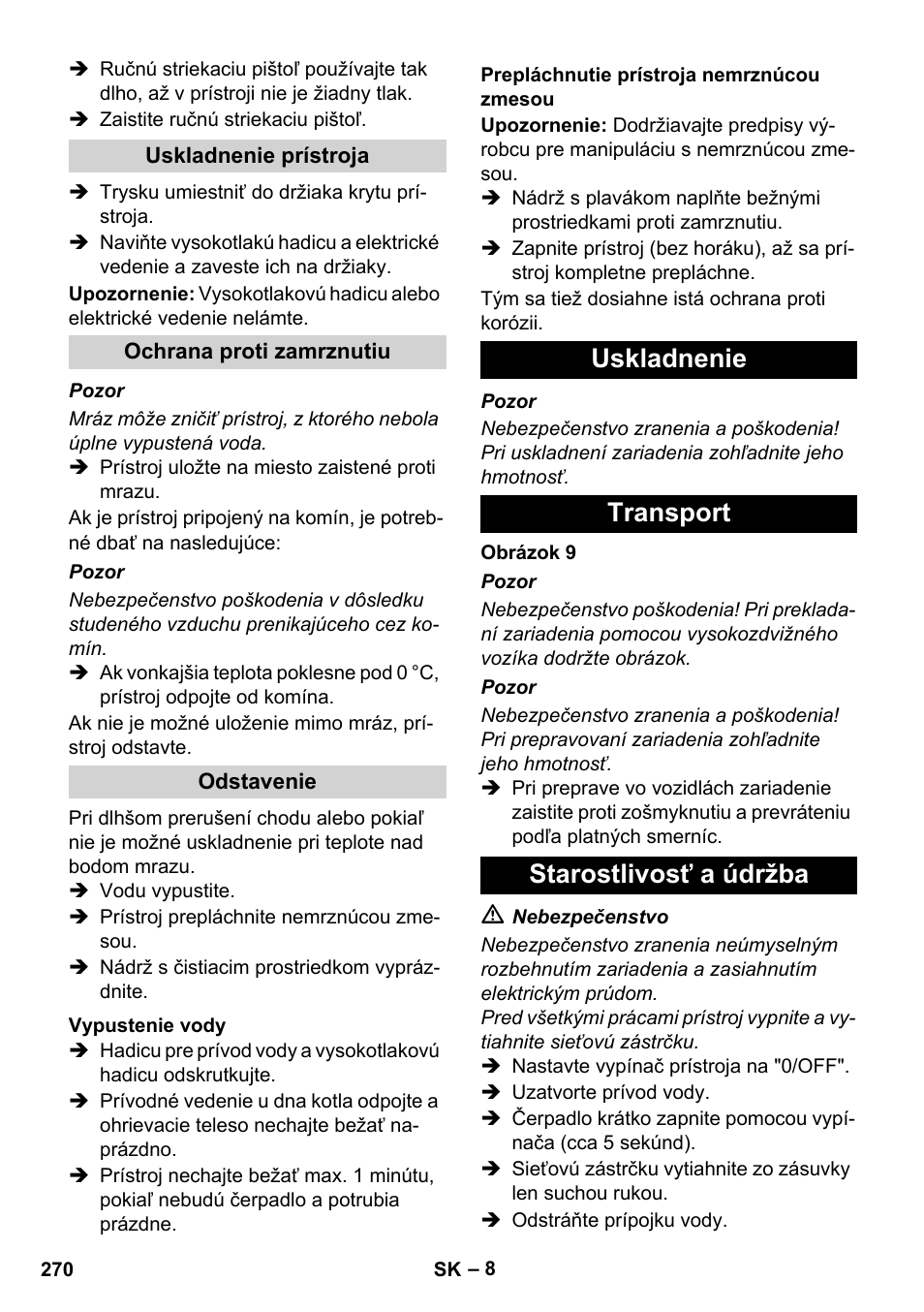 Uskladnenie transport starostlivosť a údržba | Karcher HDS 11-18 4 S Basic User Manual | Page 270 / 376