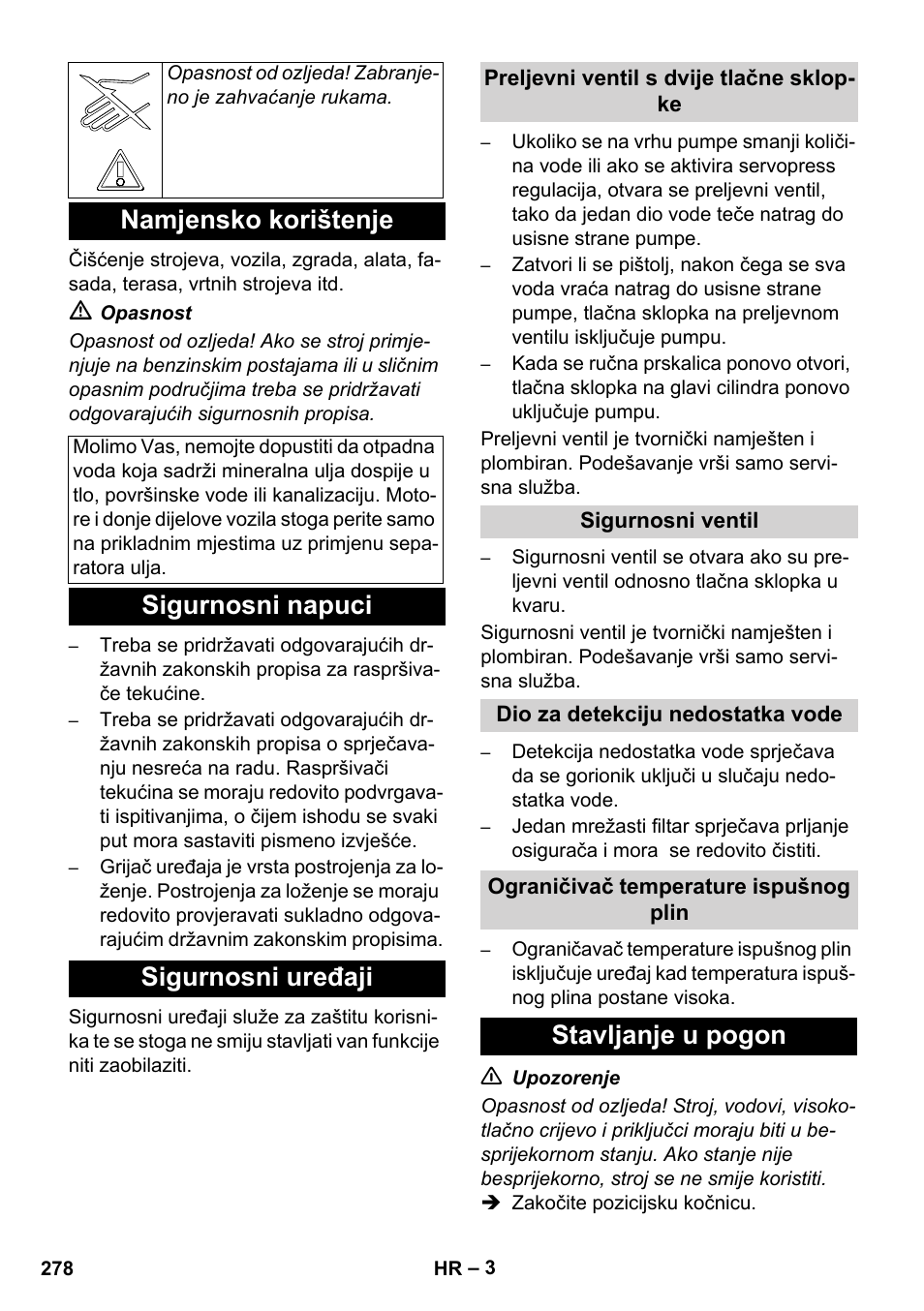 Namjensko korištenje, Sigurnosni napuci sigurnosni uređaji, Stavljanje u pogon | Karcher HDS 11-18 4 S Basic User Manual | Page 278 / 376