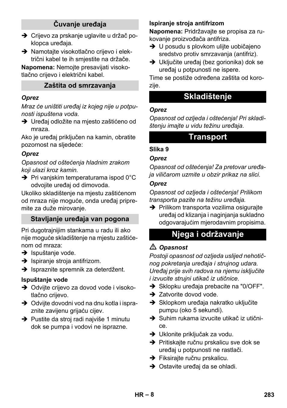 Skladištenje transport njega i održavanje | Karcher HDS 11-18 4 S Basic User Manual | Page 283 / 376