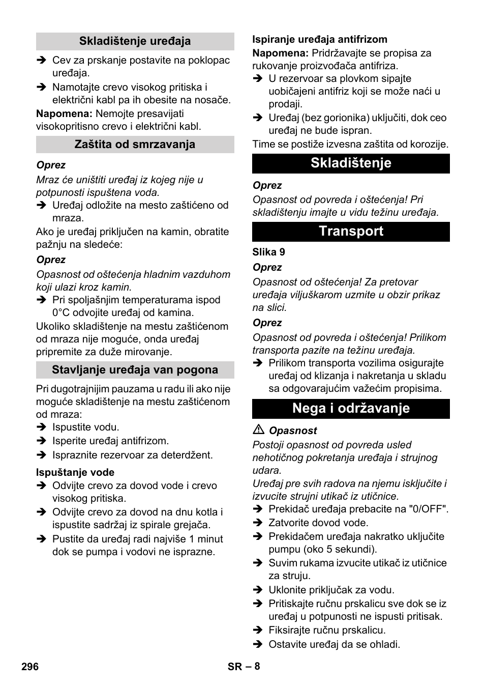 Skladištenje transport nega i održavanje | Karcher HDS 11-18 4 S Basic User Manual | Page 296 / 376