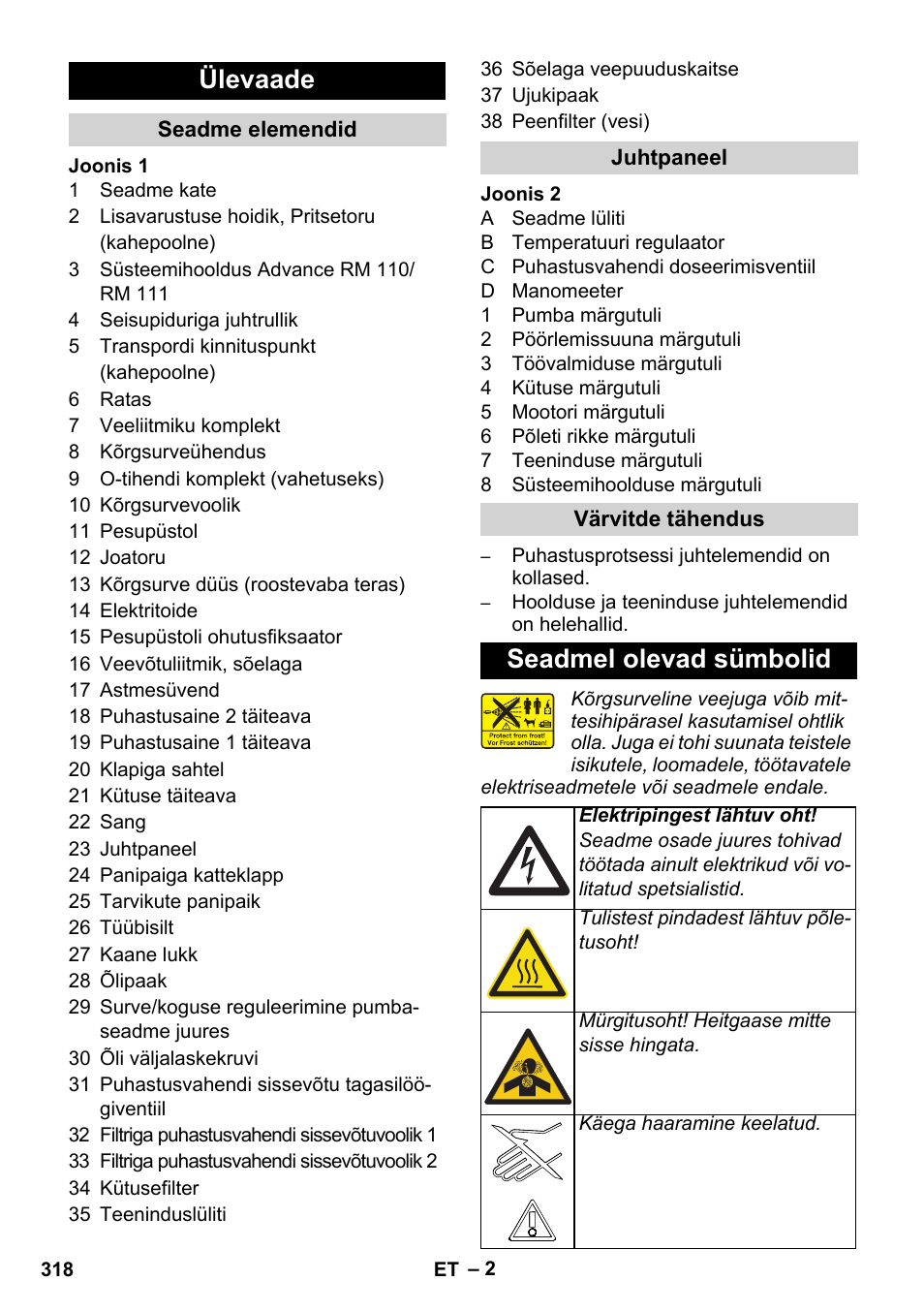 Ülevaade, Seadmel olevad sümbolid | Karcher HDS 11-18 4 S Basic User Manual | Page 318 / 376
