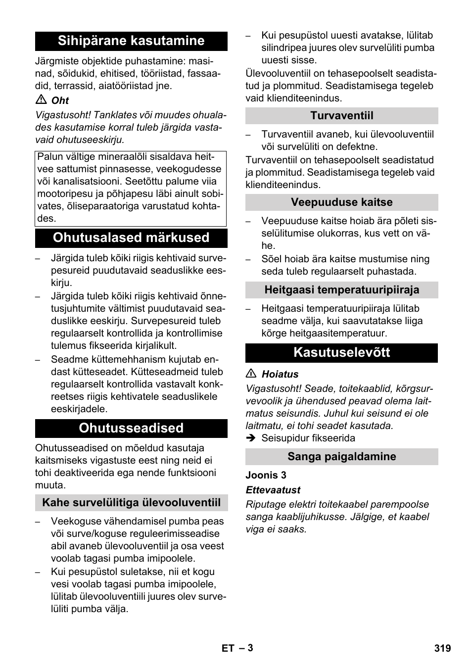 Sihipärane kasutamine, Ohutusalased märkused ohutusseadised, Kasutuselevõtt | Karcher HDS 11-18 4 S Basic User Manual | Page 319 / 376