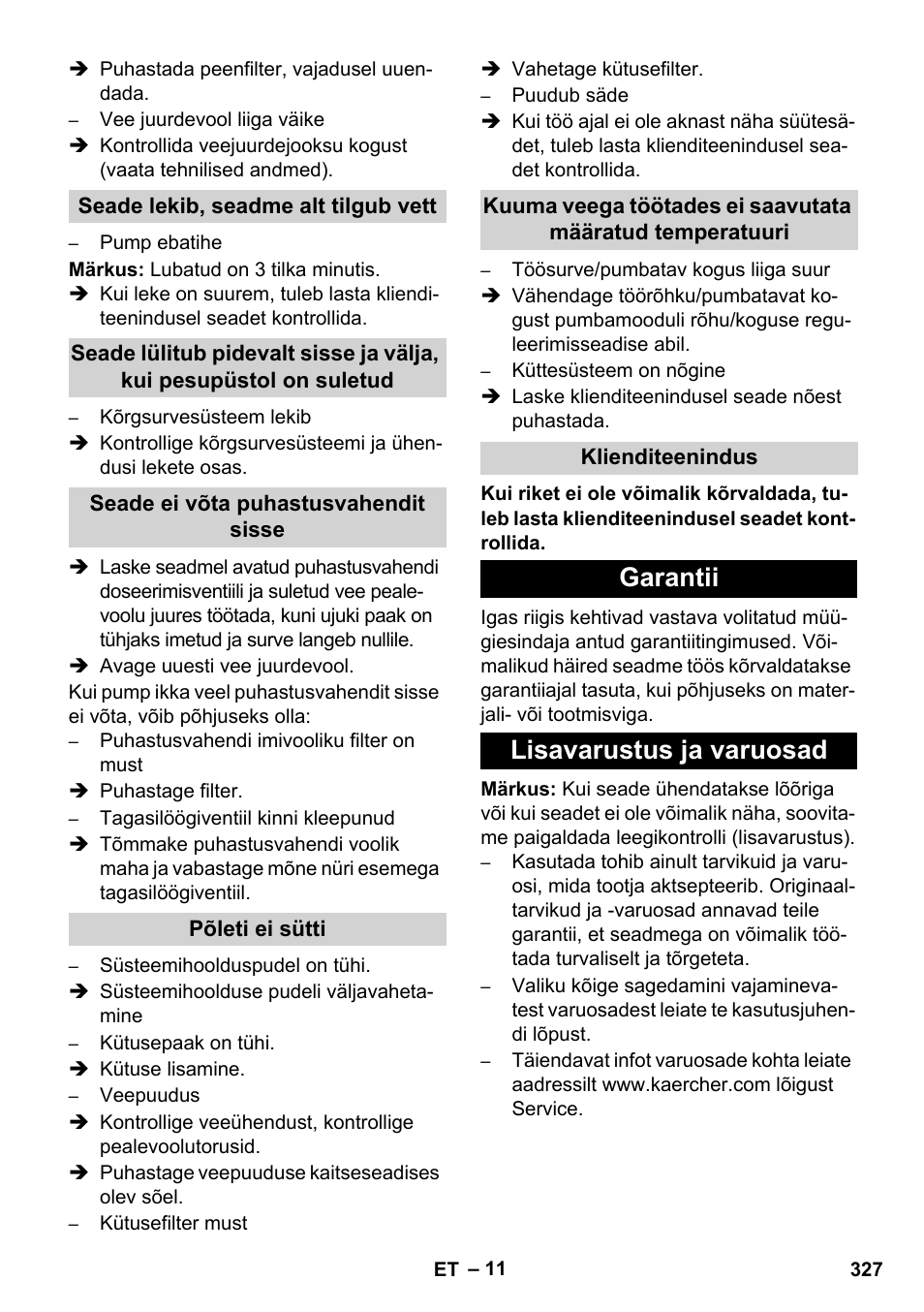 Garantii lisavarustus ja varuosad | Karcher HDS 11-18 4 S Basic User Manual | Page 327 / 376