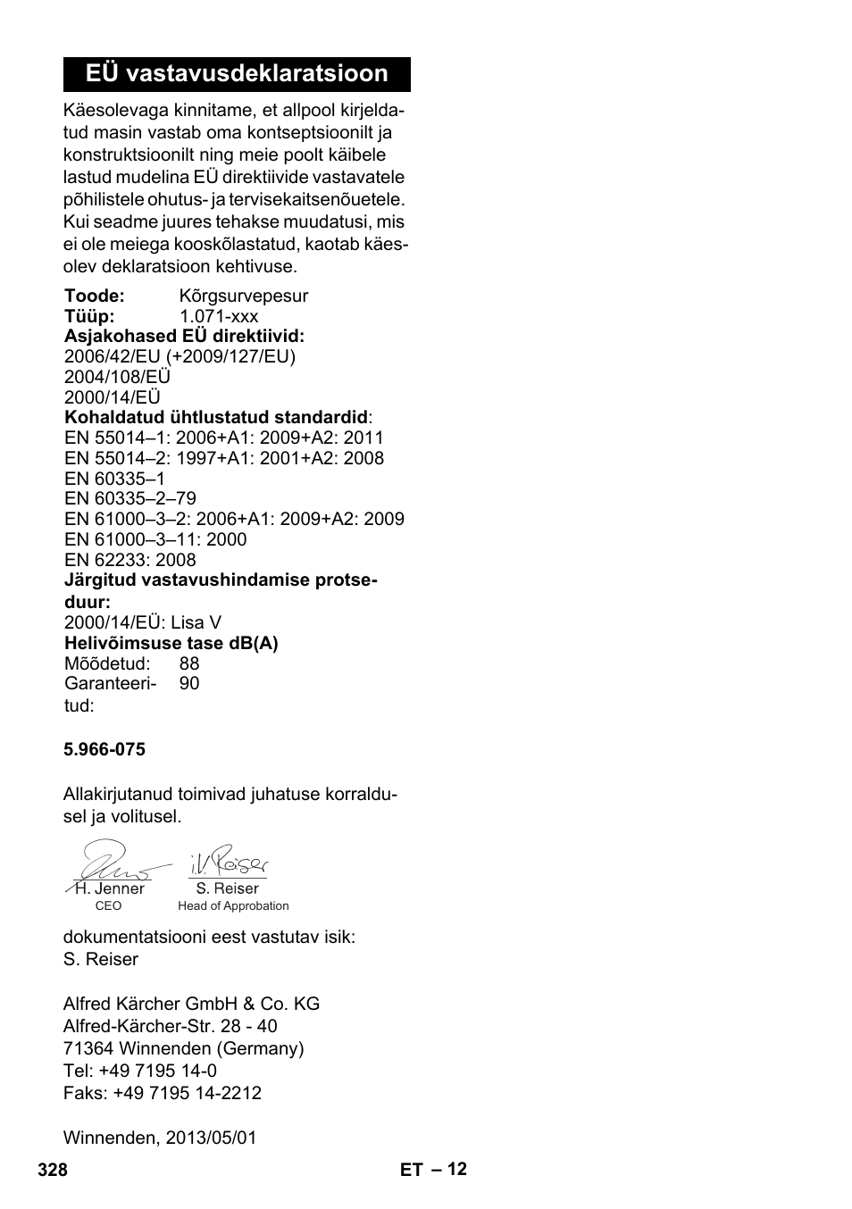 Eü vastavusdeklaratsioon | Karcher HDS 11-18 4 S Basic User Manual | Page 328 / 376
