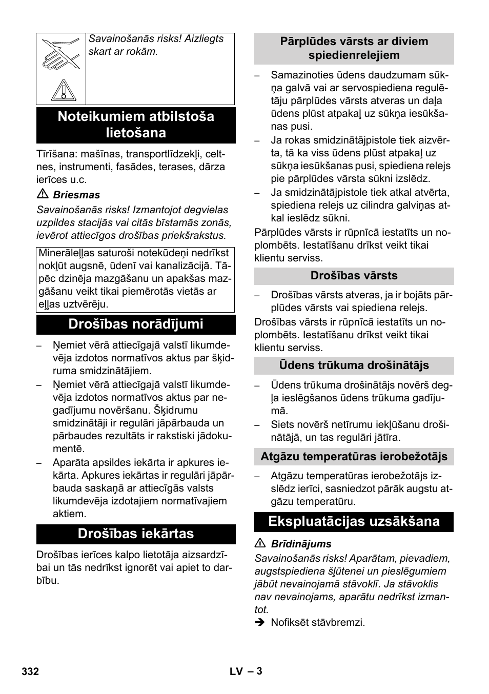 Drošības norādījumi drošības iekārtas, Ekspluatācijas uzsākšana | Karcher HDS 11-18 4 S Basic User Manual | Page 332 / 376