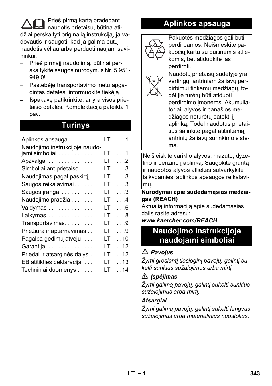 Lietuviškai, Turinys, Aplinkos apsauga | Naudojimo instrukcijoje naudojami simboliai | Karcher HDS 11-18 4 S Basic User Manual | Page 343 / 376