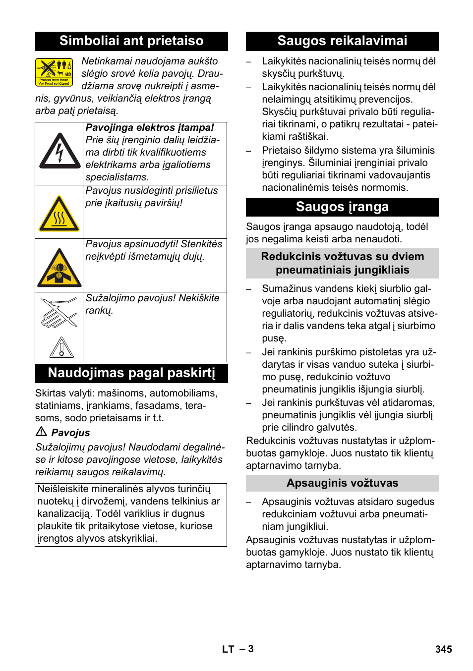 Simboliai ant prietaiso, Naudojimas pagal paskirtį, Saugos reikalavimai saugos įranga | Karcher HDS 11-18 4 S Basic User Manual | Page 345 / 376
