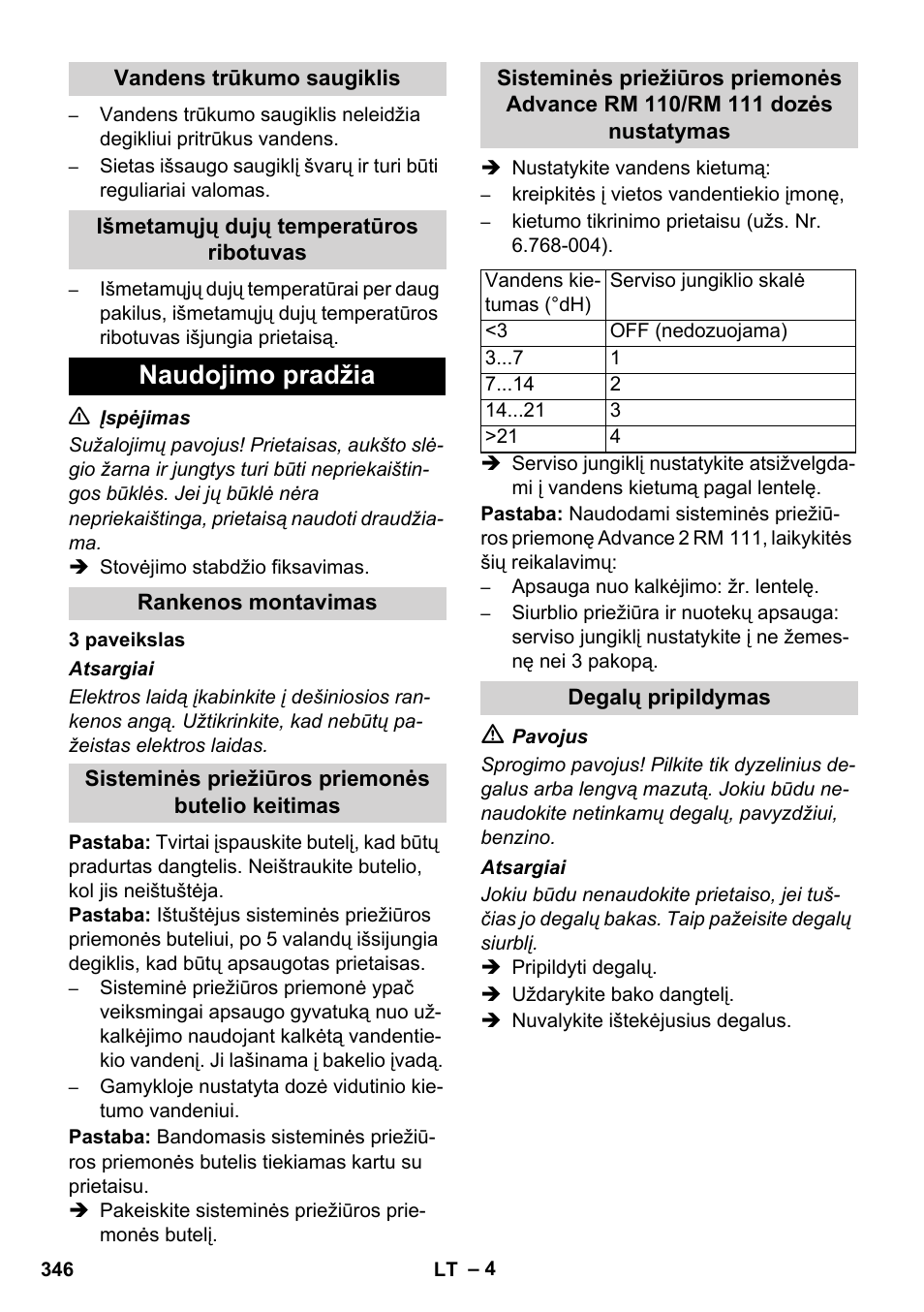 Naudojimo pradžia | Karcher HDS 11-18 4 S Basic User Manual | Page 346 / 376