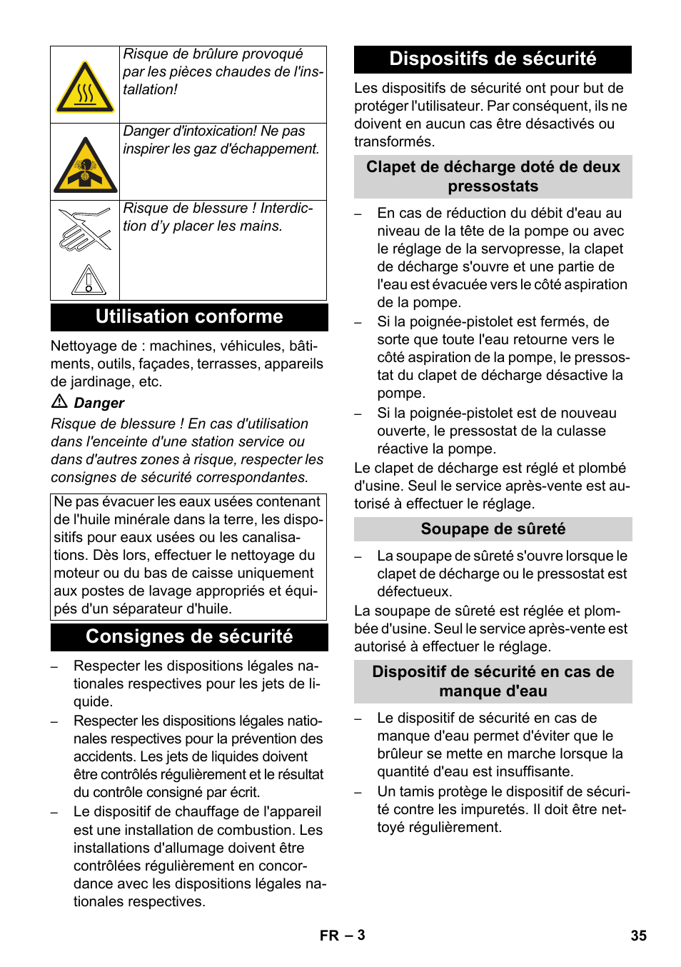 Utilisation conforme, Consignes de sécurité dispositifs de sécurité | Karcher HDS 11-18 4 S Basic User Manual | Page 35 / 376