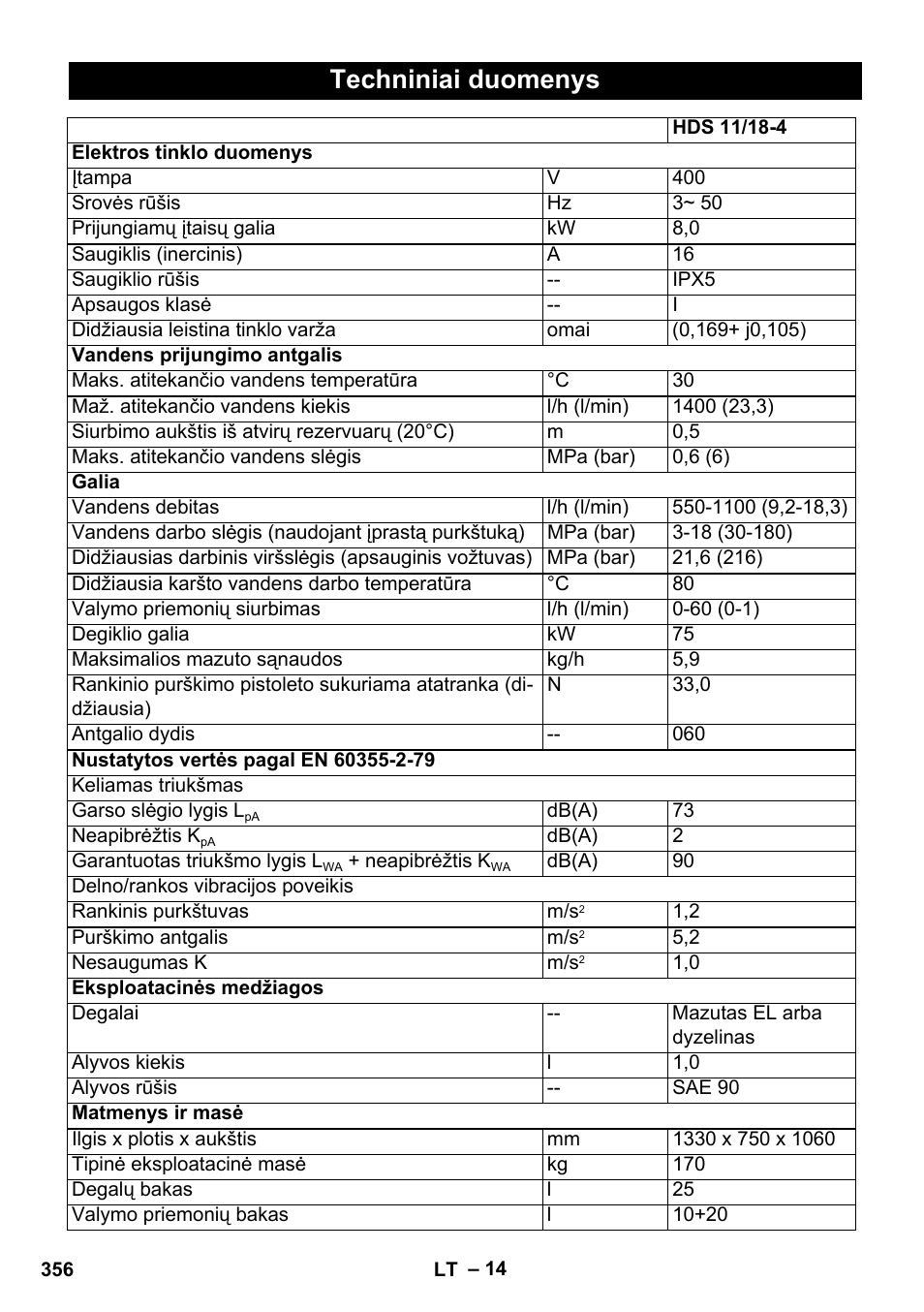 Techniniai duomenys | Karcher HDS 11-18 4 S Basic User Manual | Page 356 / 376