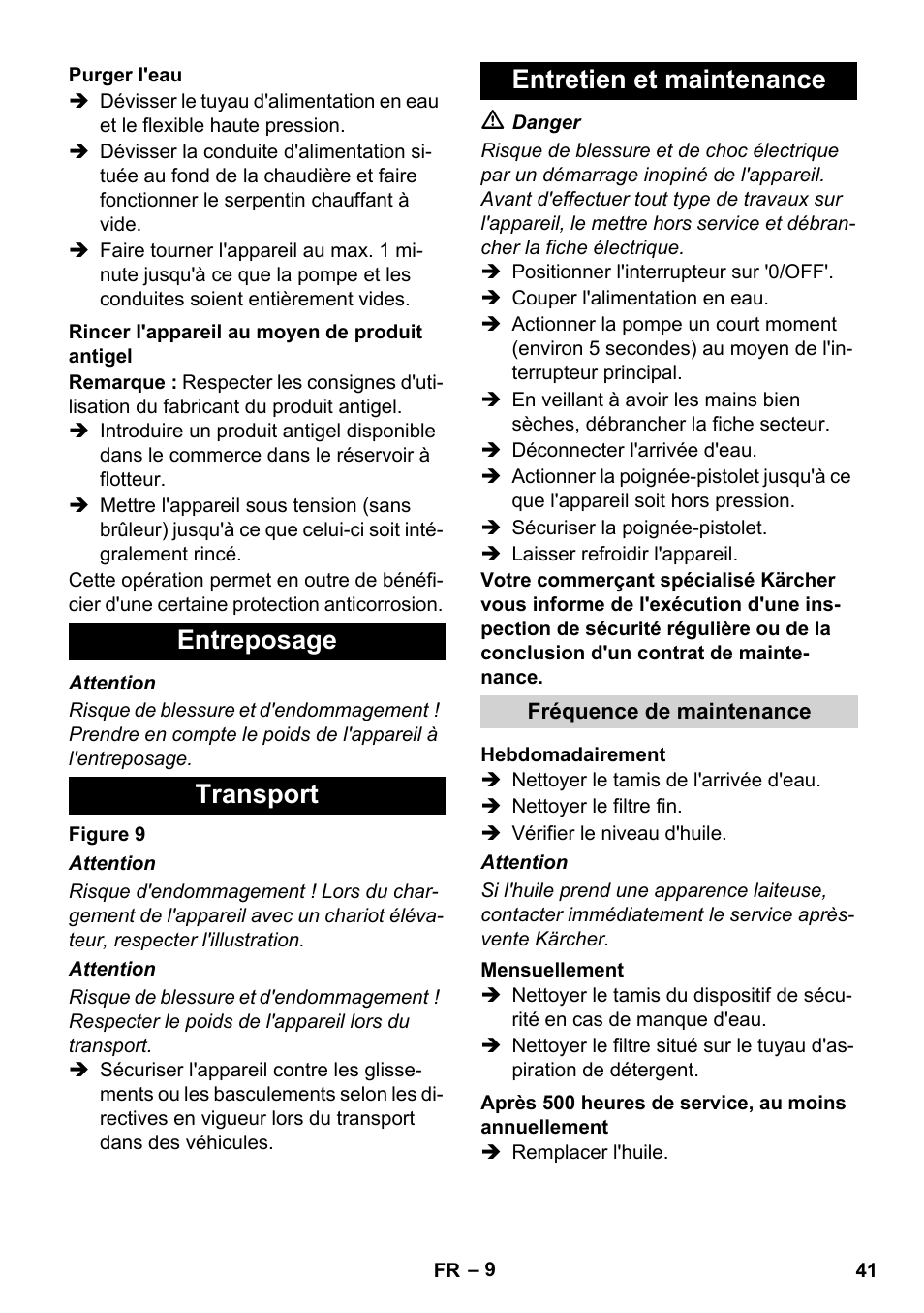 Entreposage transport entretien et maintenance | Karcher HDS 11-18 4 S Basic User Manual | Page 41 / 376