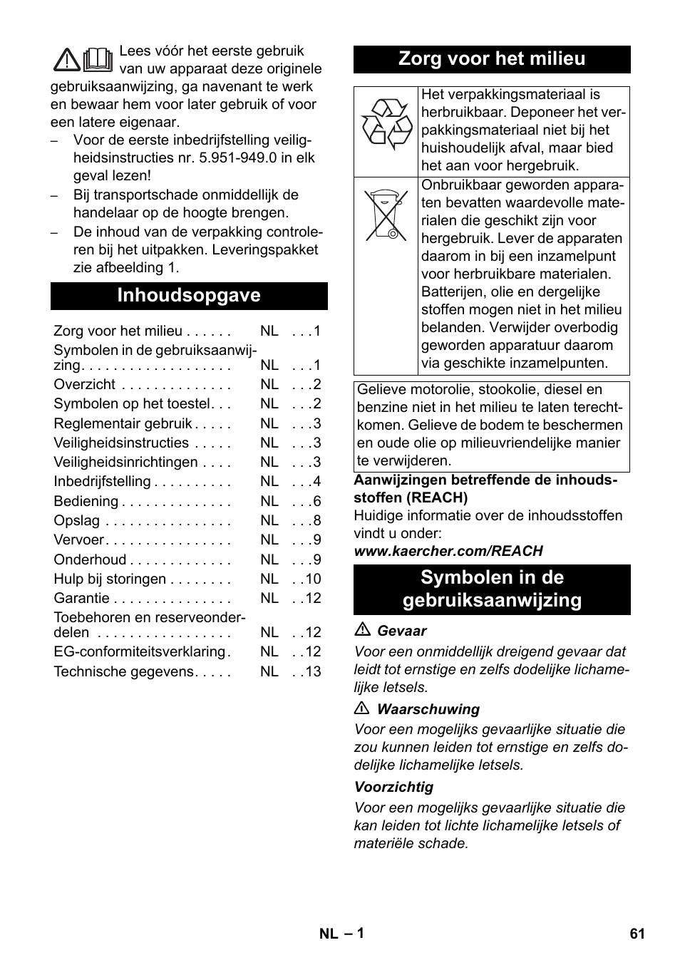 Nederlands, Inhoudsopgave, Zorg voor het milieu | Symbolen in de gebruiksaanwijzing | Karcher HDS 11-18 4 S Basic User Manual | Page 61 / 376