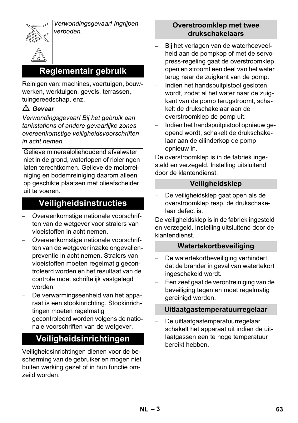 Reglementair gebruik, Veiligheidsinstructies veiligheidsinrichtingen | Karcher HDS 11-18 4 S Basic User Manual | Page 63 / 376