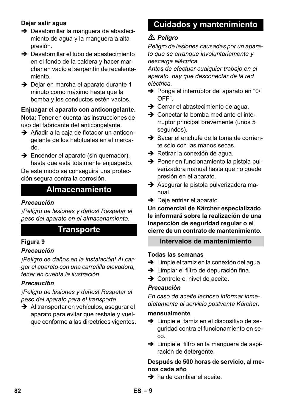 Almacenamiento transporte cuidados y mantenimiento | Karcher HDS 11-18 4 S Basic User Manual | Page 82 / 376