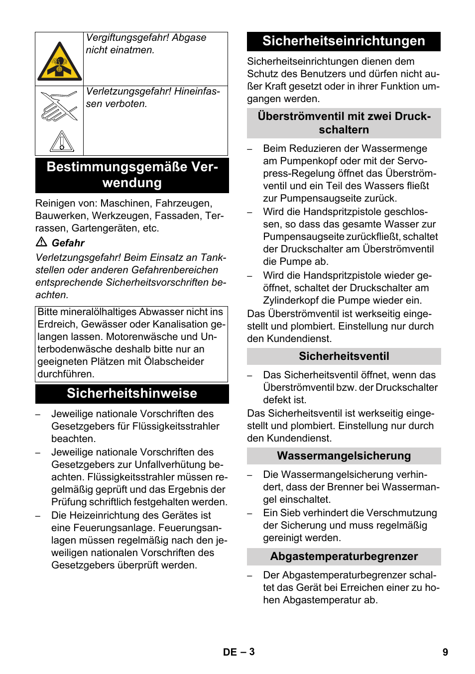 Bestimmungsgemäße ver- wendung, Sicherheitshinweise sicherheitseinrichtungen | Karcher HDS 11-18 4 S Basic User Manual | Page 9 / 376