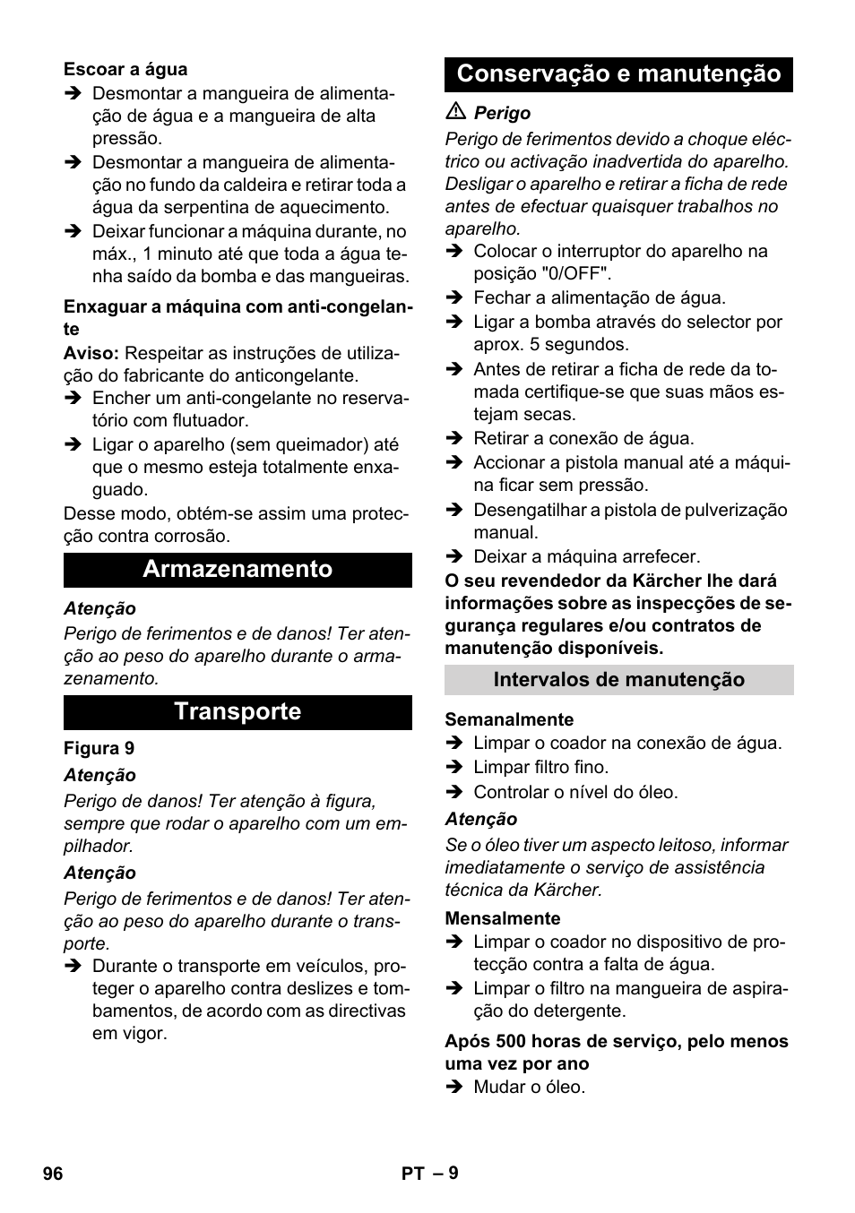 Armazenamento transporte conservação e manutenção | Karcher HDS 11-18 4 S Basic User Manual | Page 96 / 376
