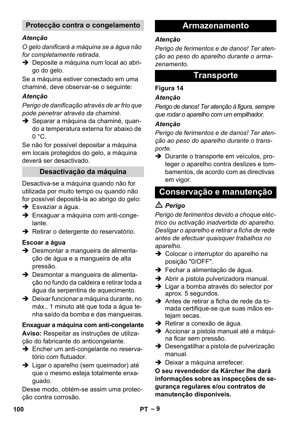 Armazenamento transporte conservação e manutenção | Karcher HDS 7-16 4C Basic User Manual | Page 100 / 376