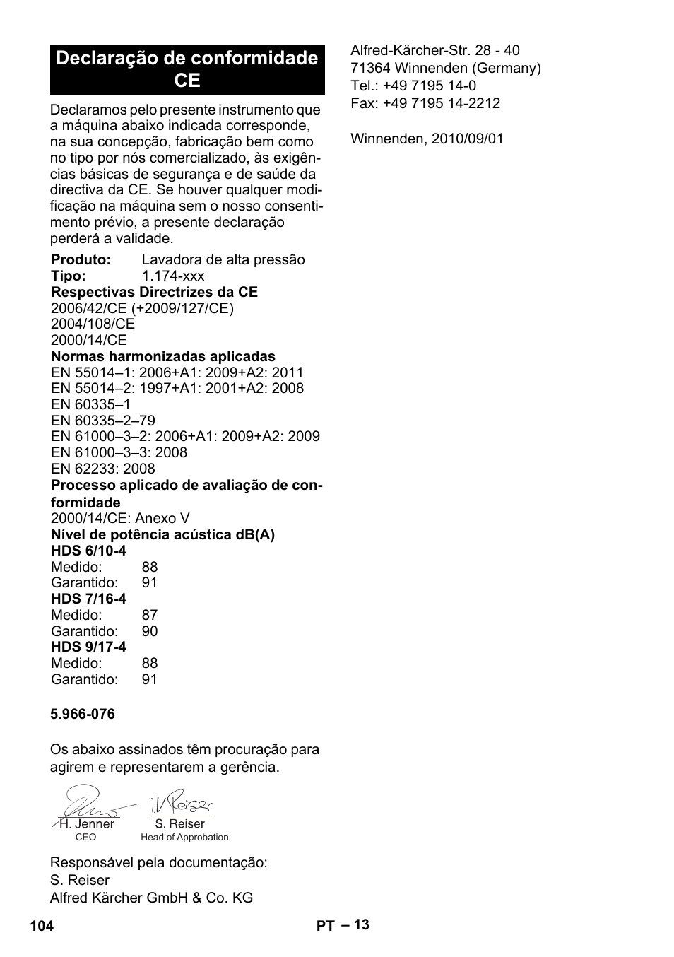 Declaração de conformidade ce | Karcher HDS 7-16 4C Basic User Manual | Page 104 / 376