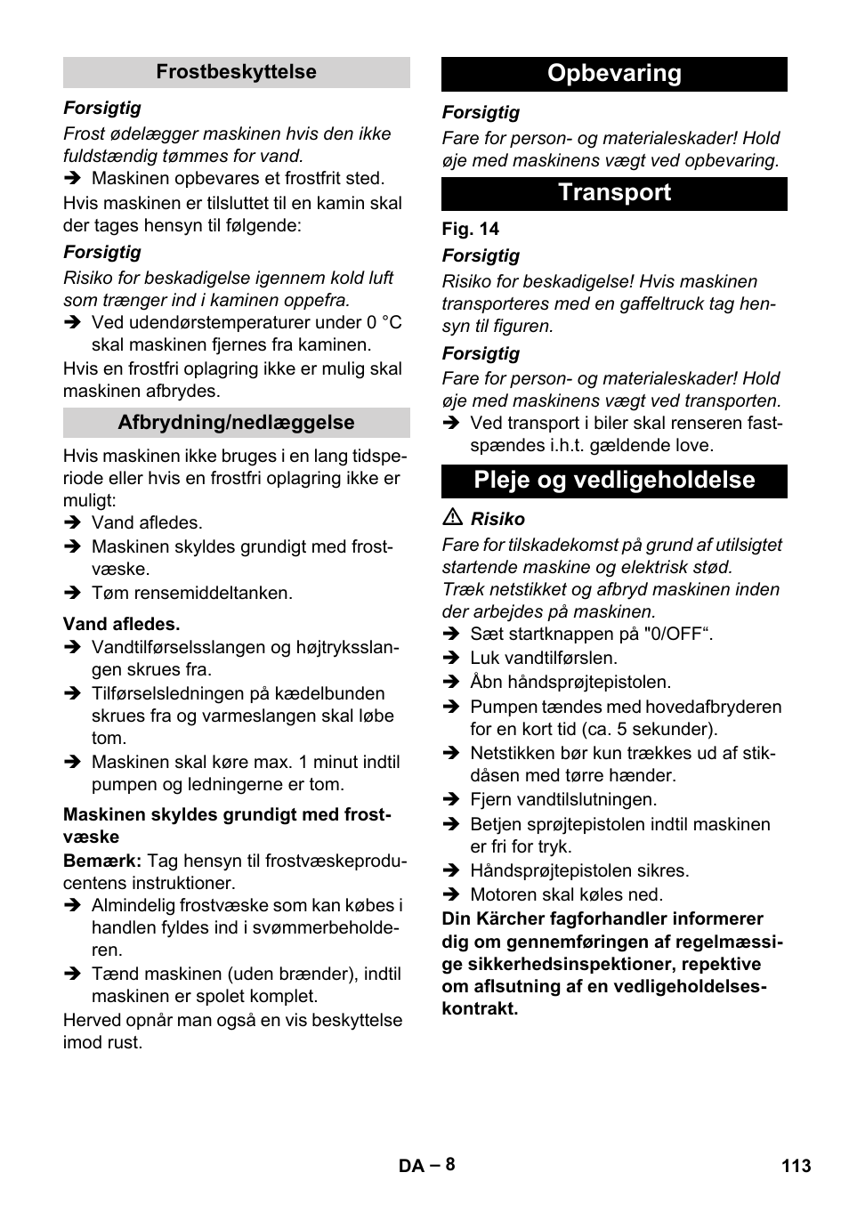 Opbevaring transport pleje og vedligeholdelse | Karcher HDS 7-16 4C Basic User Manual | Page 113 / 376