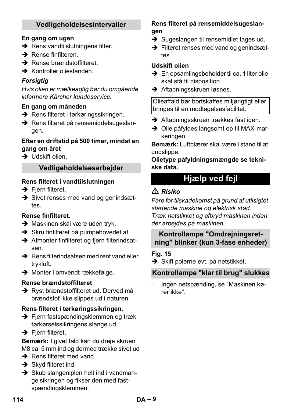 Hjælp ved fejl | Karcher HDS 7-16 4C Basic User Manual | Page 114 / 376