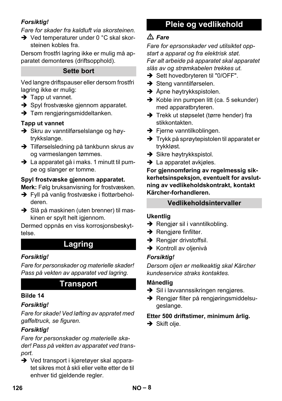 Lagring transport pleie og vedlikehold | Karcher HDS 7-16 4C Basic User Manual | Page 126 / 376