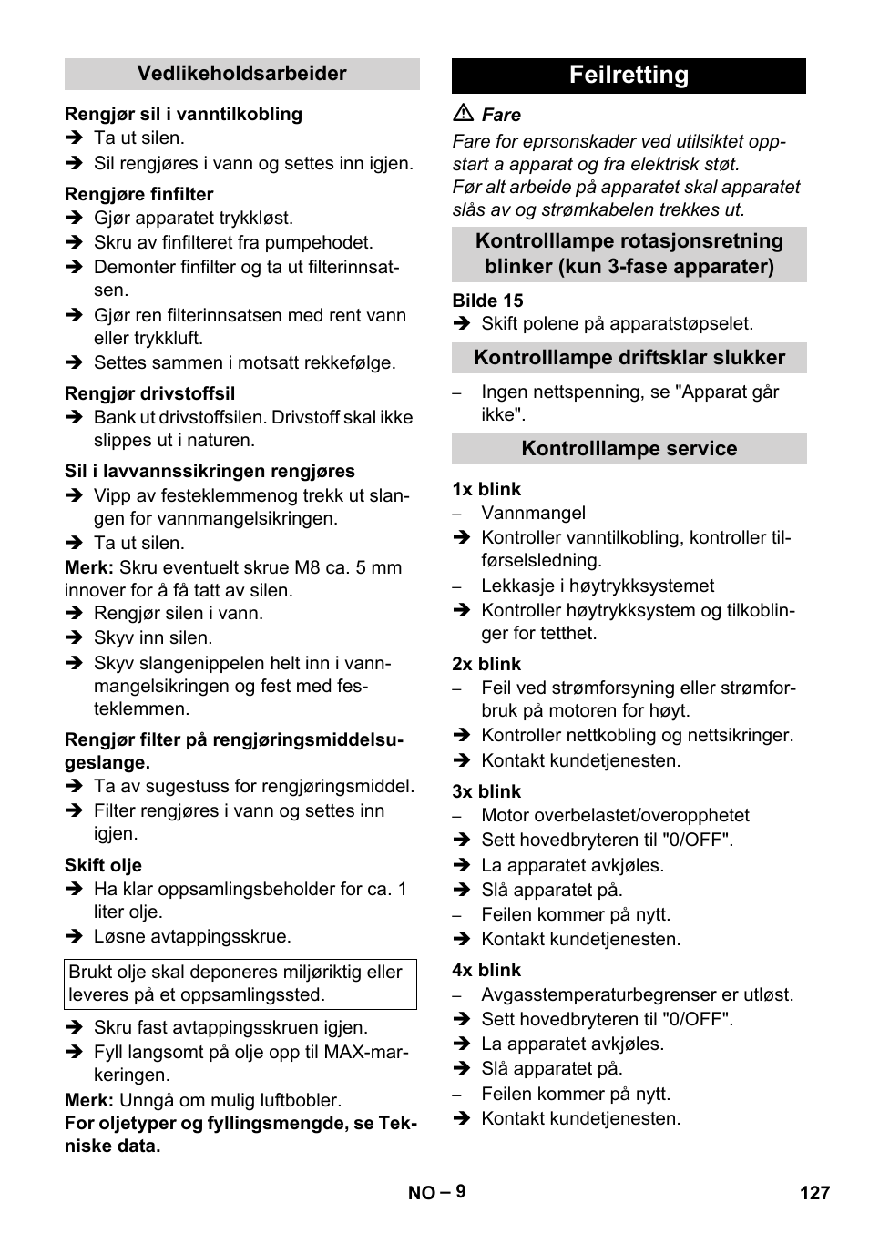 Feilretting | Karcher HDS 7-16 4C Basic User Manual | Page 127 / 376