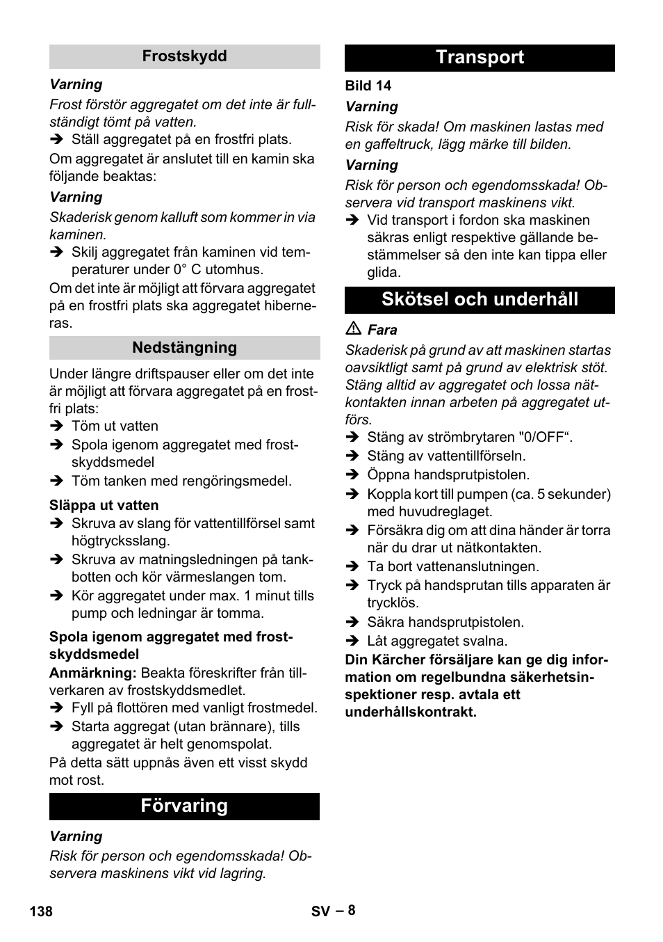 Förvaring transport skötsel och underhåll | Karcher HDS 7-16 4C Basic User Manual | Page 138 / 376