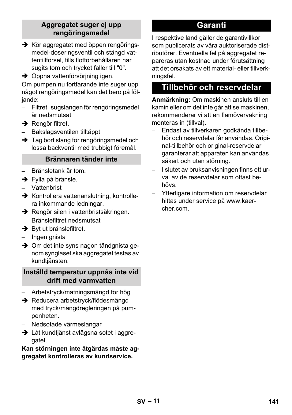 Garanti tillbehör och reservdelar | Karcher HDS 7-16 4C Basic User Manual | Page 141 / 376