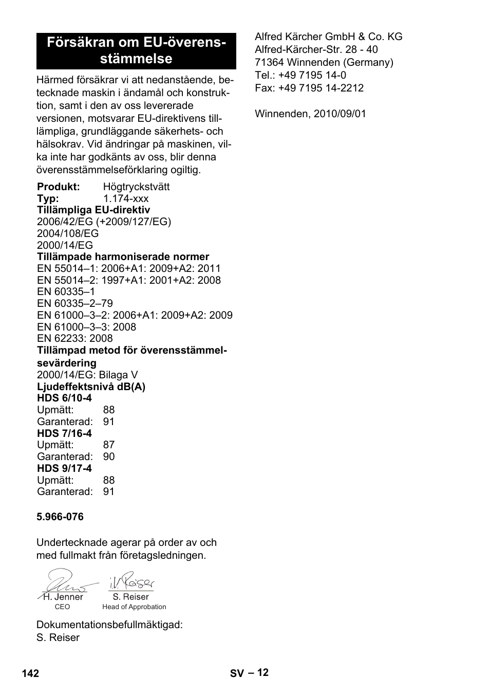 Försäkran om eu-överens- stämmelse | Karcher HDS 7-16 4C Basic User Manual | Page 142 / 376