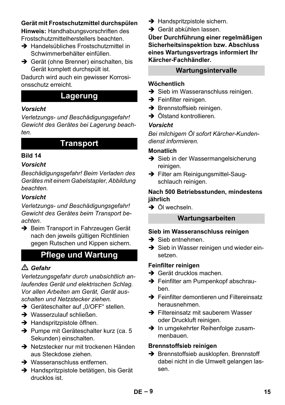 Lagerung transport pflege und wartung | Karcher HDS 7-16 4C Basic User Manual | Page 15 / 376