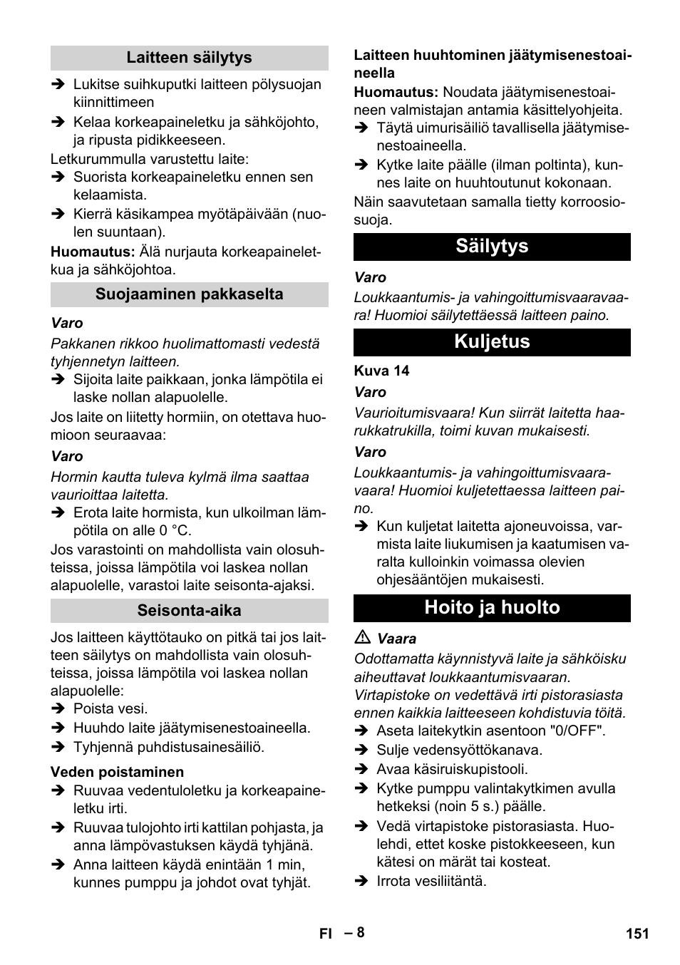 Säilytys kuljetus hoito ja huolto | Karcher HDS 7-16 4C Basic User Manual | Page 151 / 376