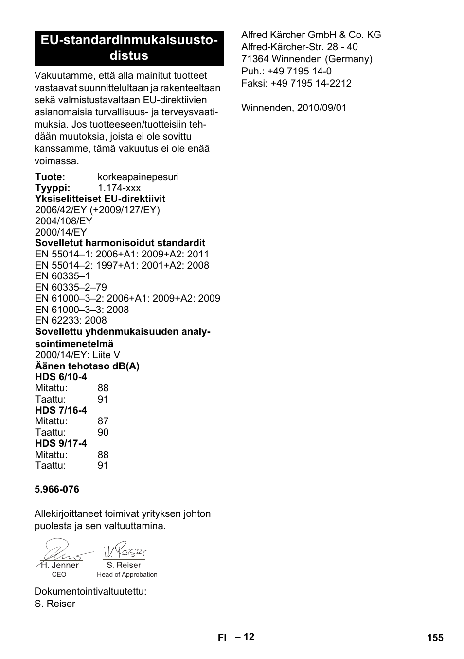 Eu-standardinmukaisuusto- distus | Karcher HDS 7-16 4C Basic User Manual | Page 155 / 376
