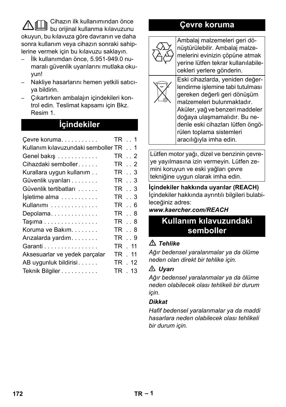 Türkçe, Içindekiler, Çevre koruma | Kullanım kılavuzundaki semboller | Karcher HDS 7-16 4C Basic User Manual | Page 172 / 376