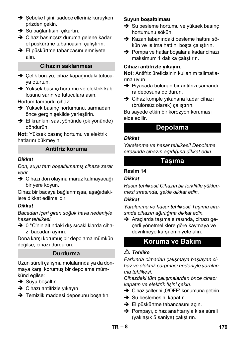 Depolama taşıma koruma ve bakım | Karcher HDS 7-16 4C Basic User Manual | Page 179 / 376