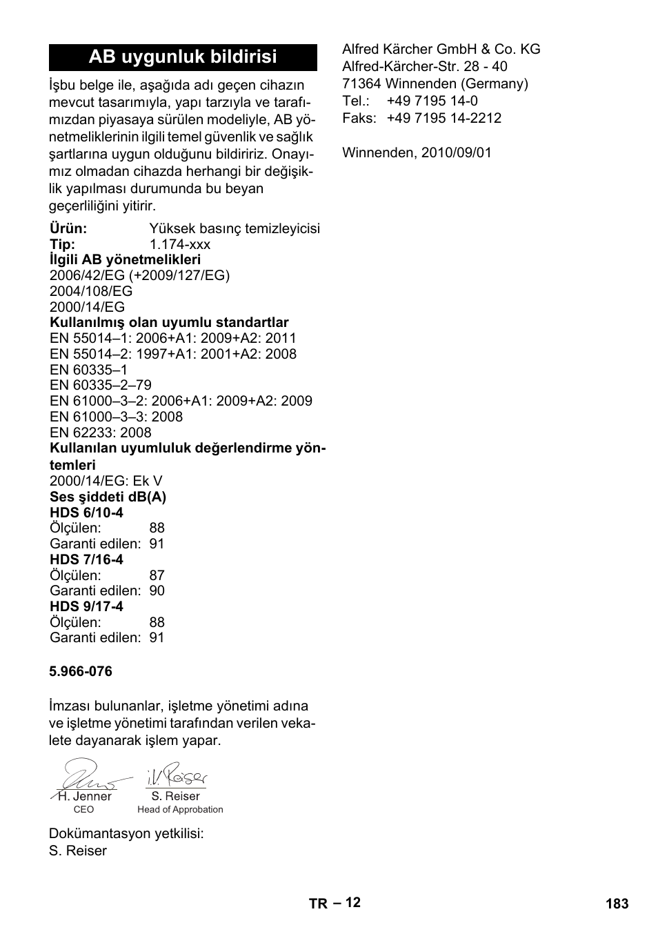 Ab uygunluk bildirisi | Karcher HDS 7-16 4C Basic User Manual | Page 183 / 376