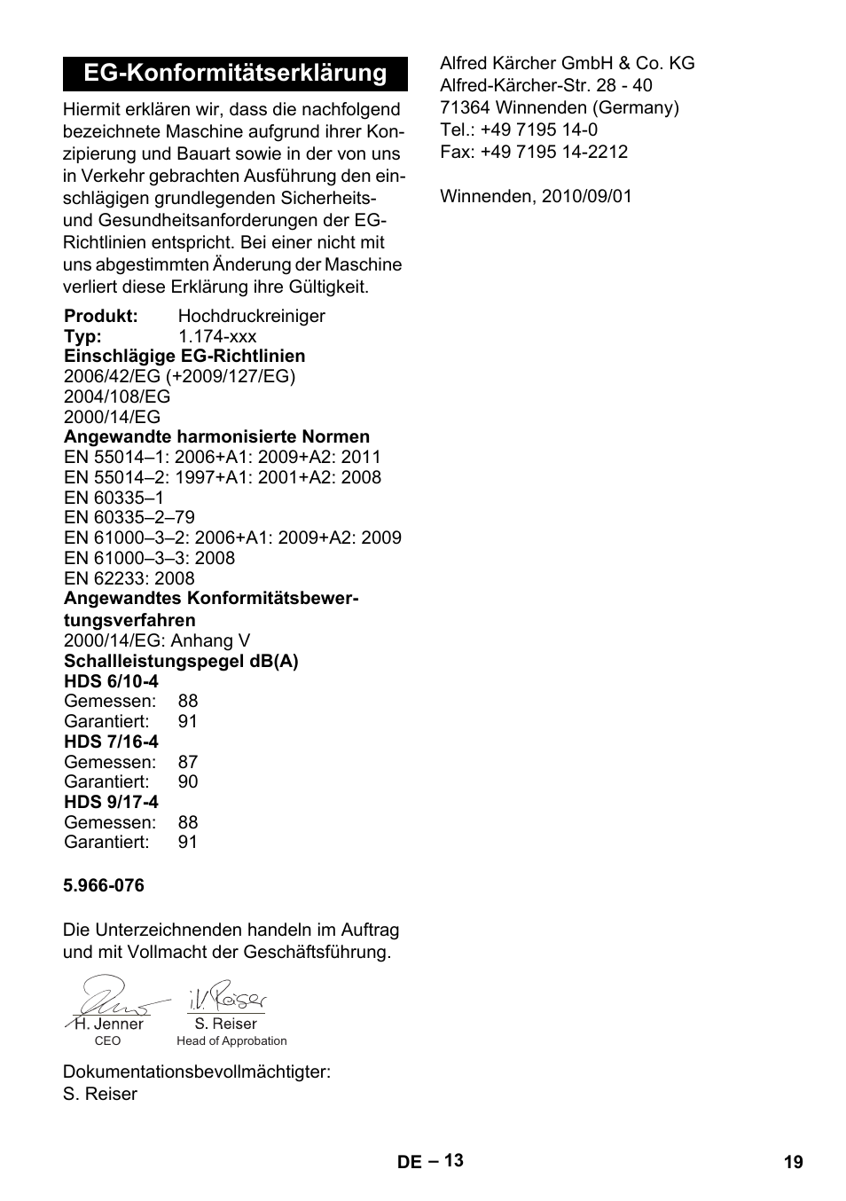 Eg-konformitätserklärung | Karcher HDS 7-16 4C Basic User Manual | Page 19 / 376