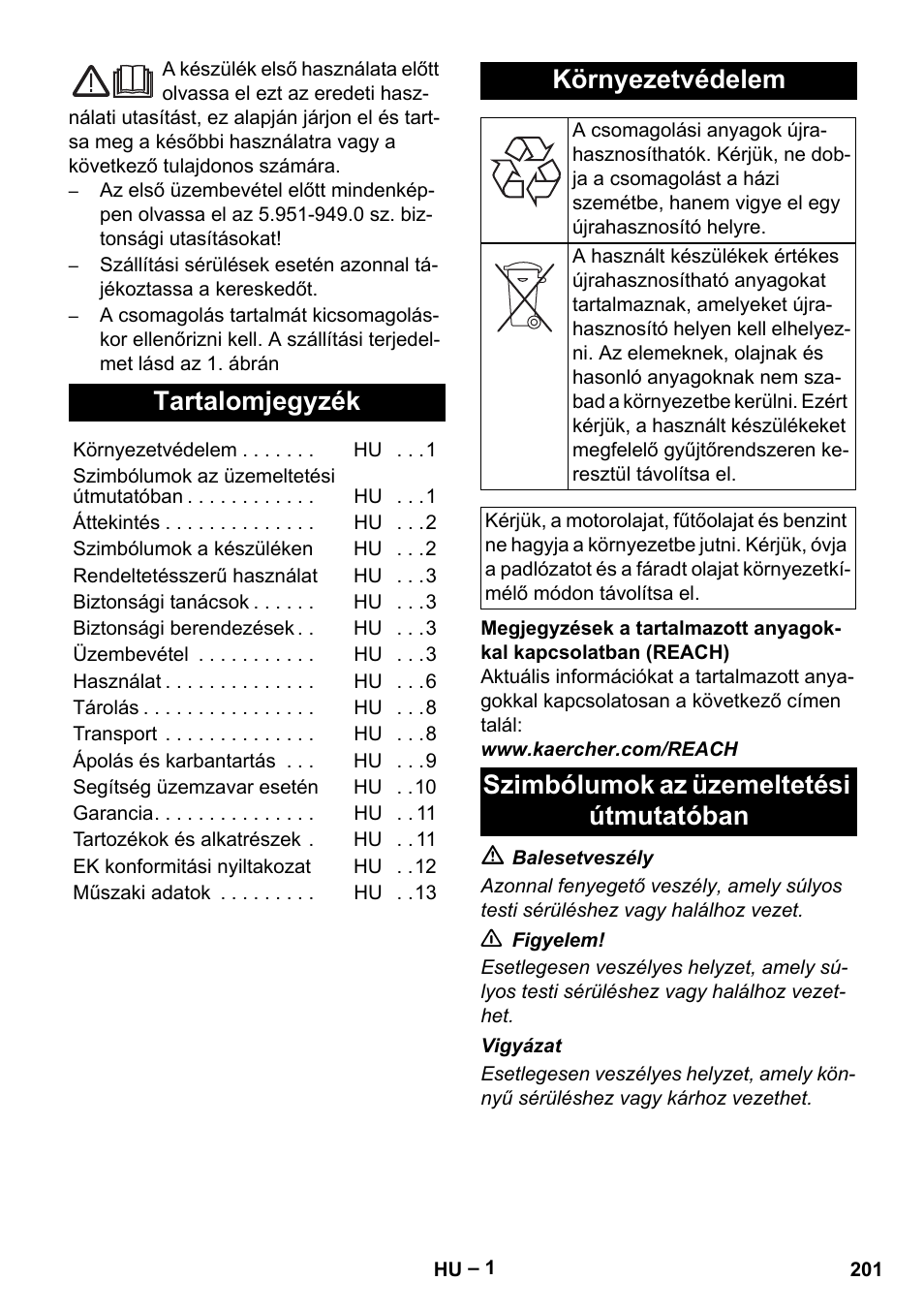 Magyar, Tartalomjegyzék, Környezetvédelem | Szimbólumok az üzemeltetési útmutatóban | Karcher HDS 7-16 4C Basic User Manual | Page 201 / 376