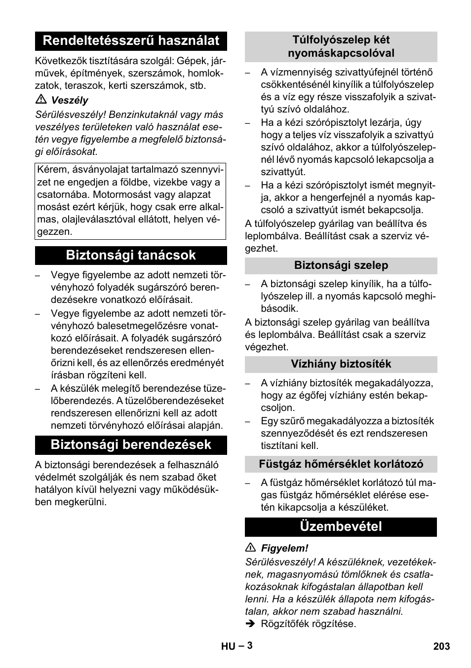 Rendeltetésszerű használat, Biztonsági tanácsok biztonsági berendezések, Üzembevétel | Karcher HDS 7-16 4C Basic User Manual | Page 203 / 376