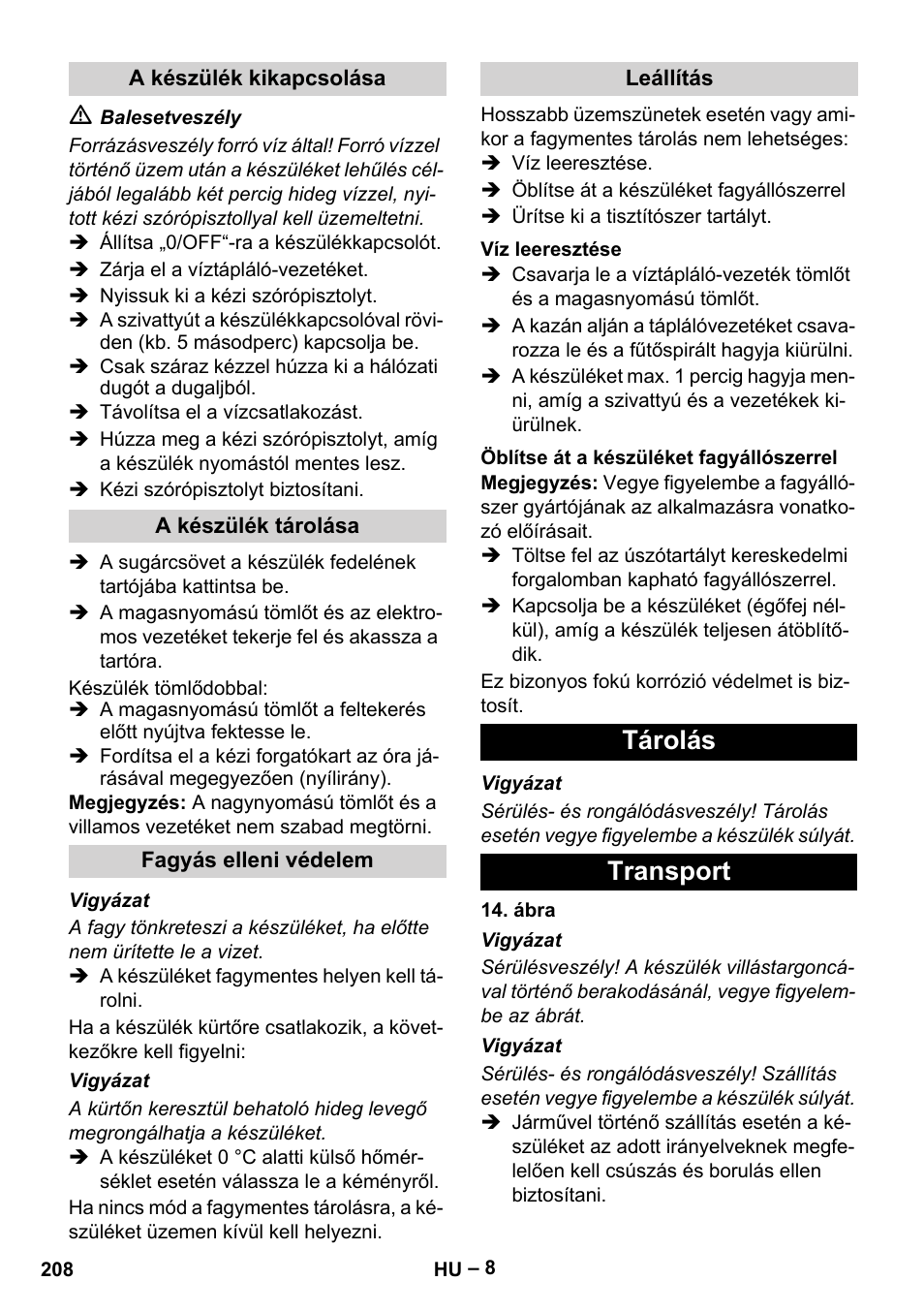 Tárolás transport | Karcher HDS 7-16 4C Basic User Manual | Page 208 / 376