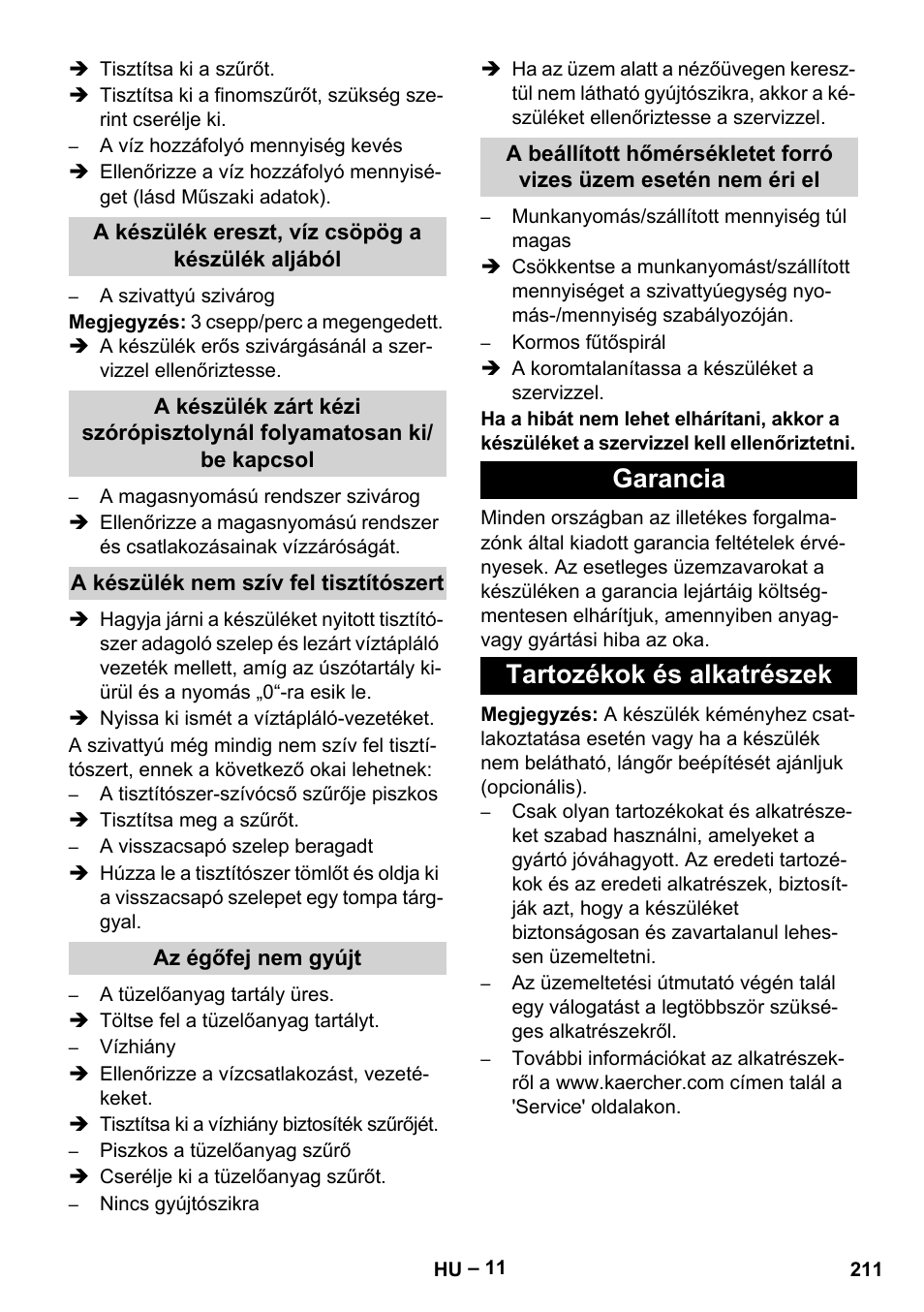 Garancia tartozékok és alkatrészek | Karcher HDS 7-16 4C Basic User Manual | Page 211 / 376