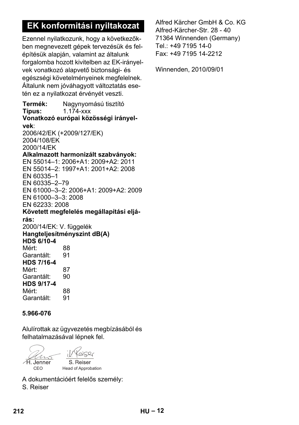 Ek konformitási nyiltakozat | Karcher HDS 7-16 4C Basic User Manual | Page 212 / 376