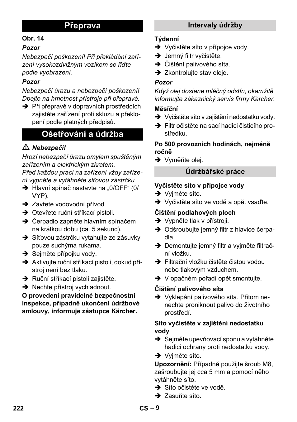 Přeprava ošetřování a údržba | Karcher HDS 7-16 4C Basic User Manual | Page 222 / 376