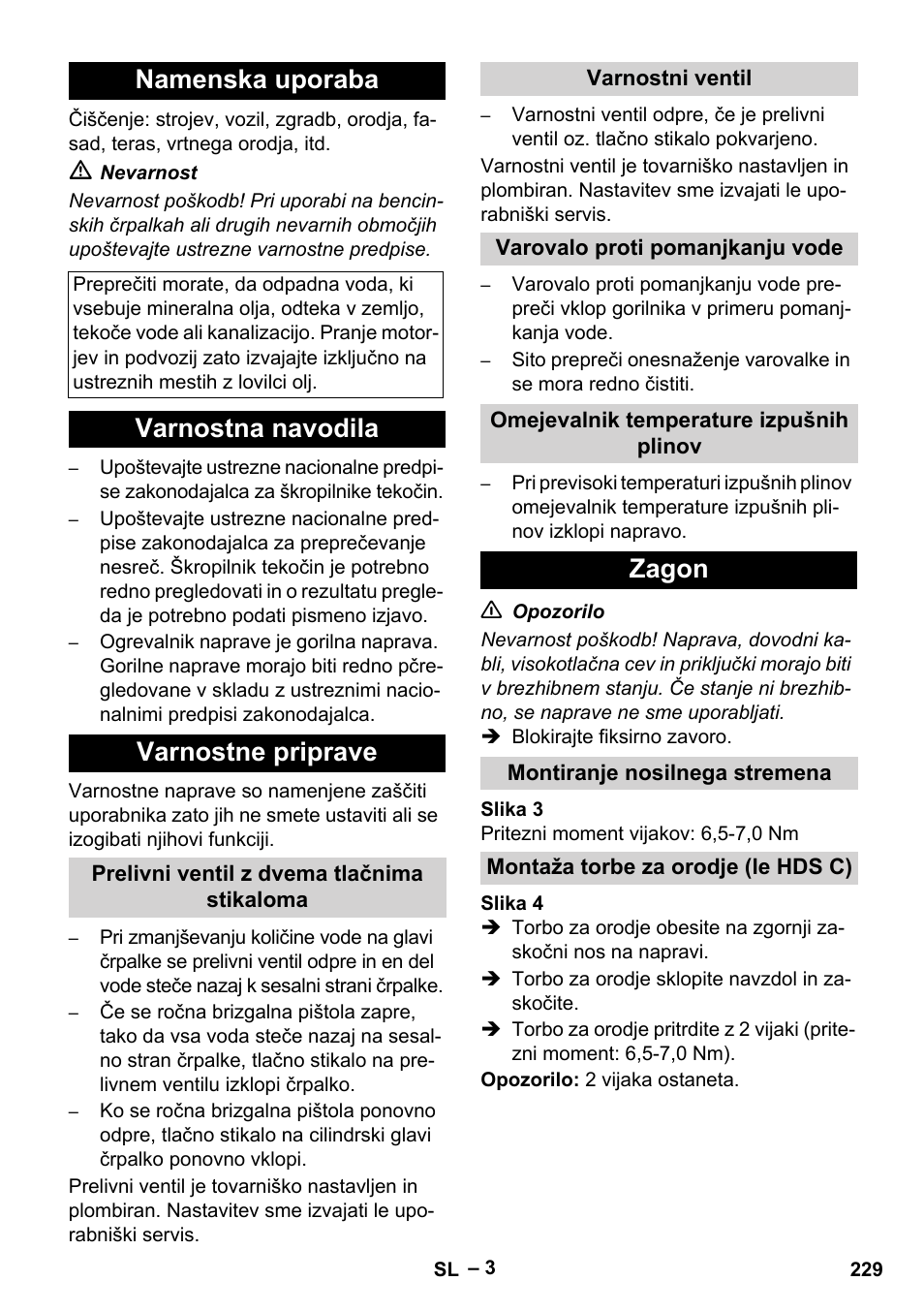 Namenska uporaba, Varnostna navodila varnostne priprave, Zagon | Karcher HDS 7-16 4C Basic User Manual | Page 229 / 376