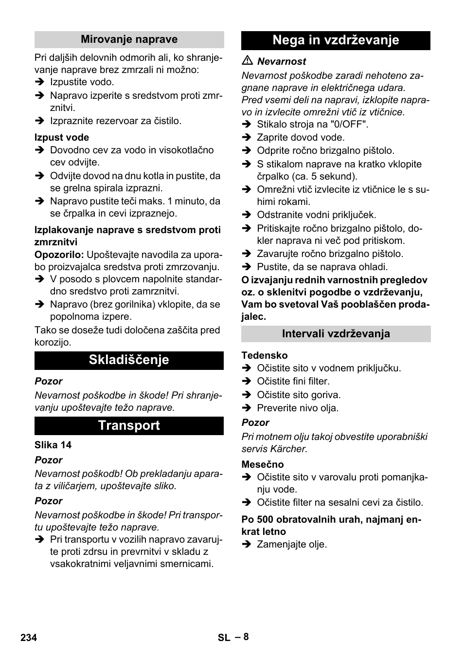 Skladiščenje transport nega in vzdrževanje | Karcher HDS 7-16 4C Basic User Manual | Page 234 / 376