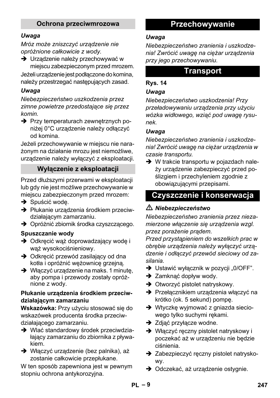 Przechowywanie transport czyszczenie i konserwacja | Karcher HDS 7-16 4C Basic User Manual | Page 247 / 376