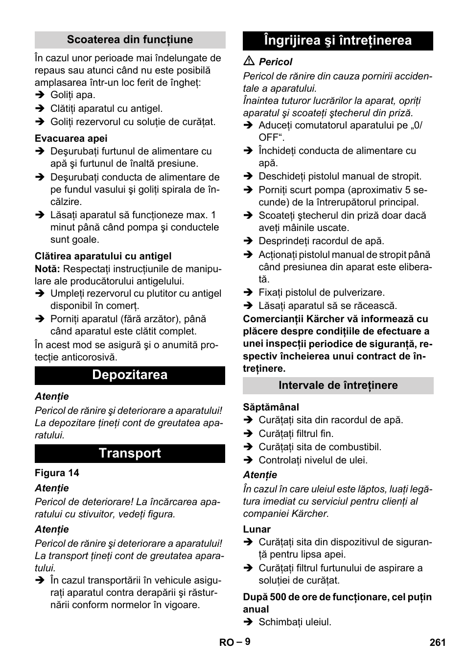 Depozitarea transport îngrijirea şi întreţinerea | Karcher HDS 7-16 4C Basic User Manual | Page 261 / 376